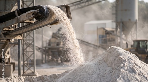 White Silica Sand Cascading Off a Rubber Conveyor Head Pulley Into a Growing Stockpile Amid Airborne Dust Haze Inside a Dusty Processing Building Mining Industry