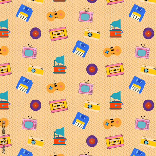 Retro y2k vintage electronics hand drawn illustration colorful 80s 90s nostalgia seamless pattern
