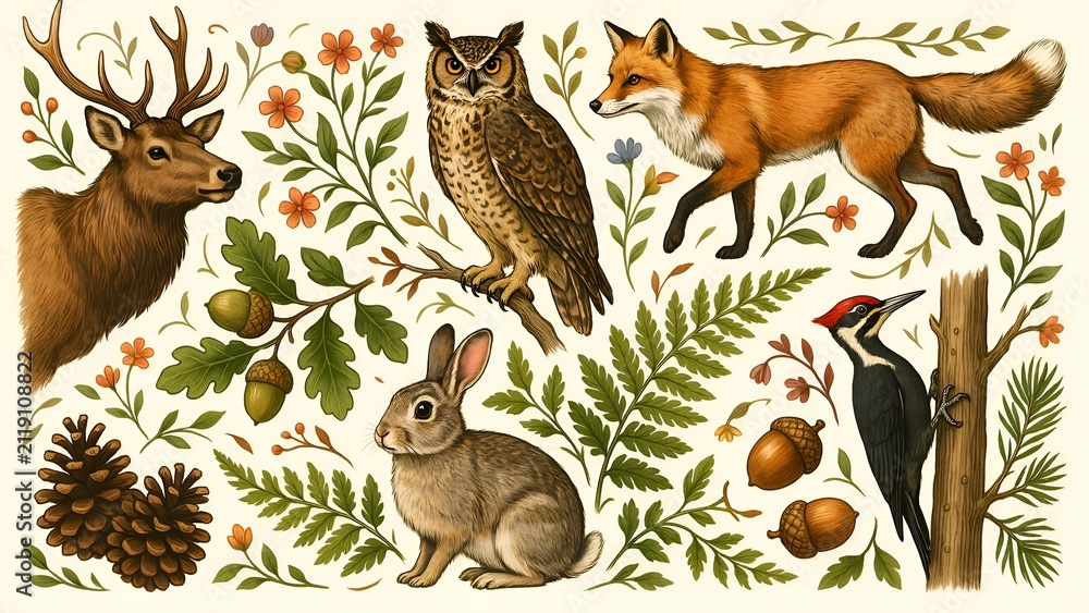 Obraz premium Forest animals and foliage a detailed vintage style vector illustration