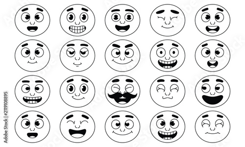 Bild auf Leinwand Set of twenty retro rubber hose style cartoon emoji icons showing diverse happy and funny emotions in flat lighting on white