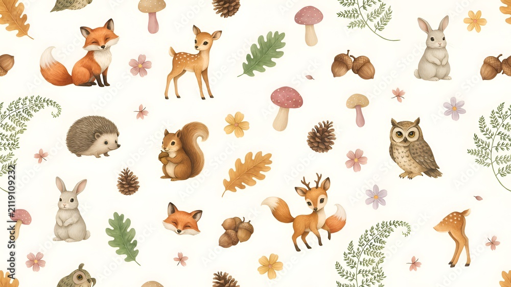 Fototapeta premium Forest animal and plant watercolor pattern on a white background