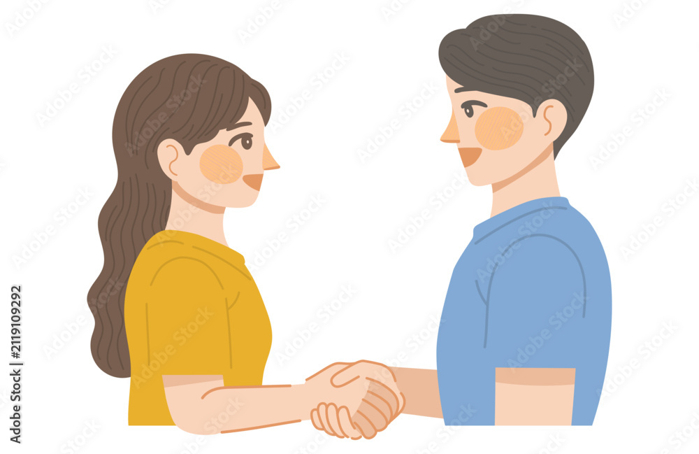 Obraz premium 笑顔で握手をする男性と女性のイラスト