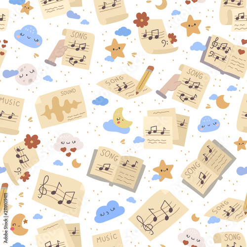 Music note seamless pattern set featuring song sheet book pencil sound treble clef staff cloud moon star heart flower score