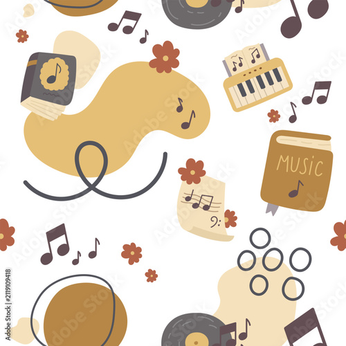 Music note seamless pattern set featuring record piano keyboard book sheet song treble clef disc cover staff flower ribbon notation