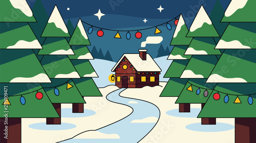 A beautiful merry christmas winter landscape featuring a cozy wooden cabin surrounded by snow covered pine trees under a starry night sky illustration