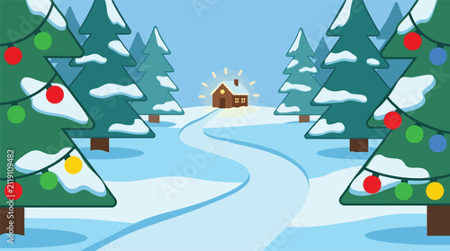 A beautiful merry christmas winter landscape featuring a snowy path leading to a cozy cabin surrounded by decorated pine trees with colorful lights