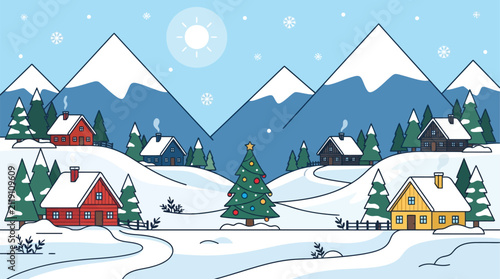 A beautiful merry christmas winter landscape featuring a cozy village with snow covered houses pine trees and majestic mountains under a bright sky