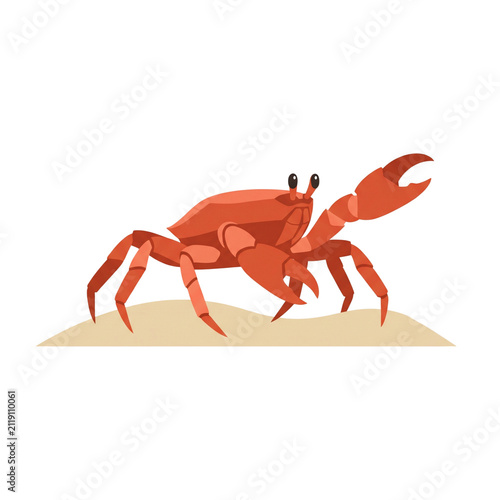 Stylized illustration of a red crab standing on sand, with one claw raised