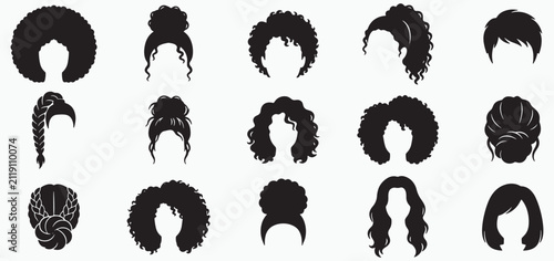 Canvastavla Collection of black silhouettes of diverse women's hairstyles, including curly,