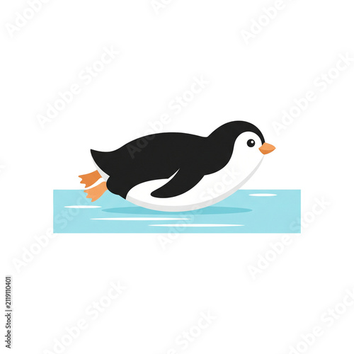 Cute cartoon penguin swimming in blue water, cute illustration for kids, playful animal character