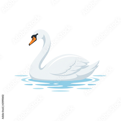 Elegant white swan gracefully swimming on blue water ripples, clean illustration for nature and beauty themes.