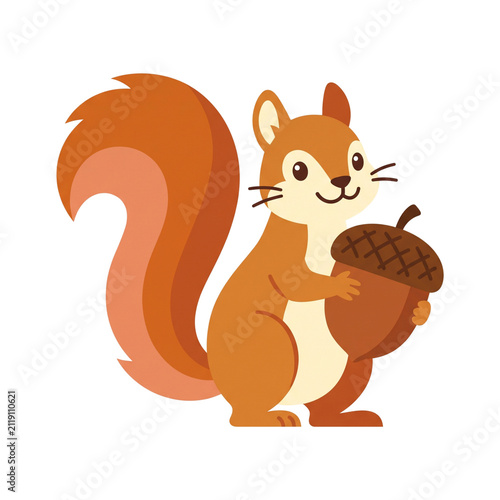 Cute cartoon squirrel holding an acorn, isolated on white