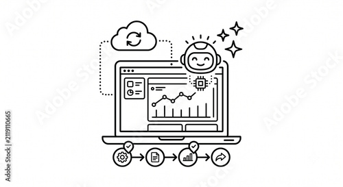 Artificial intelligence data analysis icon. AI software processing cloud computing metrics.