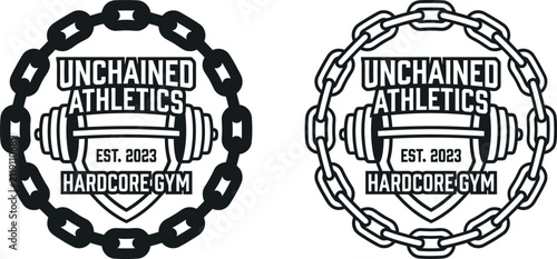 Konstfotografi Unchained athletics hardcore gym logo design with dumbbell and heavy metal chain