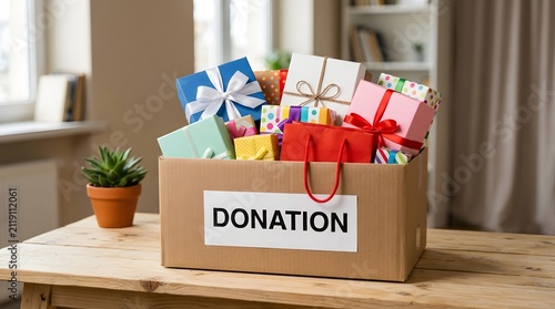 Donation box filled with wrapped gifts and presents for charity.