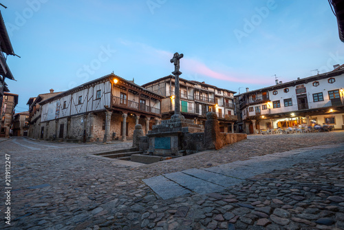 Plaza Mayor, with the characteristic façades of the old town of La Alberca de Salamanca, in Salamanca, Castile and León.