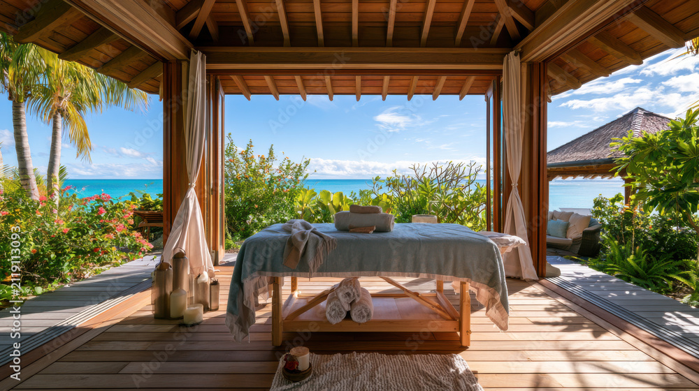 Fototapeta premium luxury wellness spa pavilion with ocean view and massage