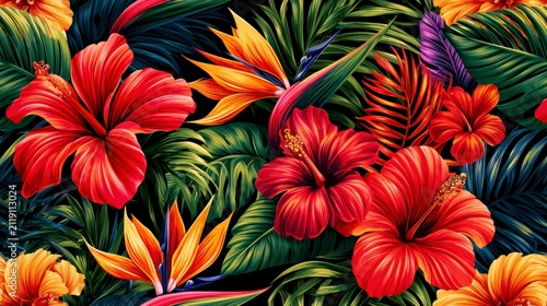 Tropical floral seamless pattern featuring hibiscus and palm leaf in a vibrant jungle botanical arrangement modern vector illustration for textile design