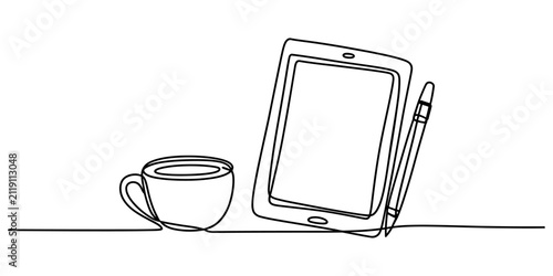Continuous single line drawing of a digital tablet with a stylus pen and a cup of coffee