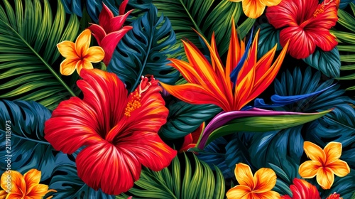 Tropical floral pattern with hibiscus and palm foliage in a seamless jungle arrangement as a modern vector illustration for summer textile design