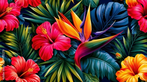 Tropical floral pattern seamlessly tiling in an exotic jungle garden as a modern flat vector illustration for summer fashion and home decor