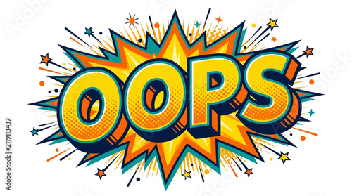 Quadro su tela Vibrant comic book style 'OOPS' text with an explosive background and scattered stars, conveying surprise or a mistake