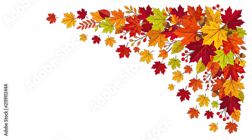 Decorative corner frame made of colorful autumn maple leaves isolated on transparent background