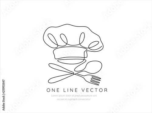 Chef's hat and utensils continuous one line drawing, Ladle, cooking spatula and chef's cap in one solid line. Single line editable cutlery template for business cards, banners. 