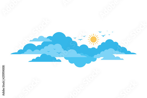 Cartoon blue clouds with sun and birds flying illustration