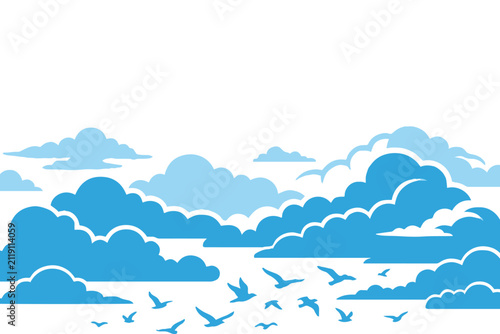 Blue Clouds Horizon with Flying Birds Silhouette Vector Background
