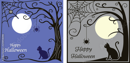 Set of two halloween greeting cards with a black cat, spider web, spider, and full moon on a blue and grey background