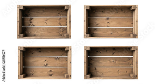 Four empty rustic wooden crates with visible grain, weathered texture, and nail heads, isolated on a transparent background with copy space, soft high-key studio lighting, concept of versatile storage