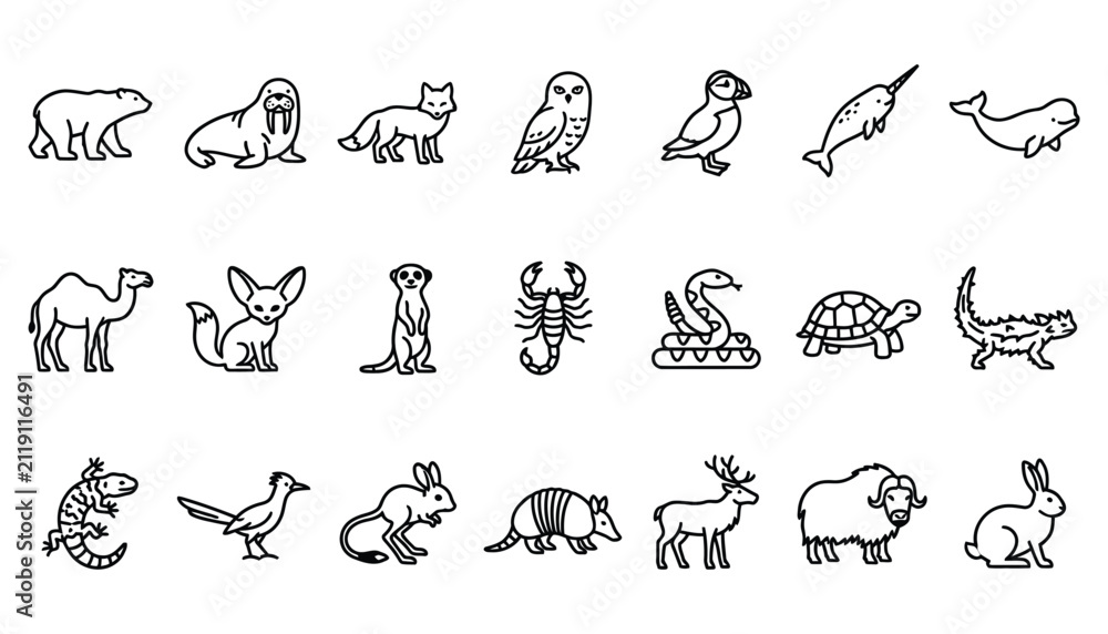 Obraz premium Arctic Desert and Diverse Wildlife Animal Outline Icons Collection