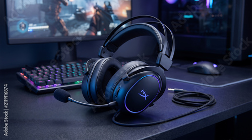 High performance black gaming headset with RGB lighting on modern gamer desk setup