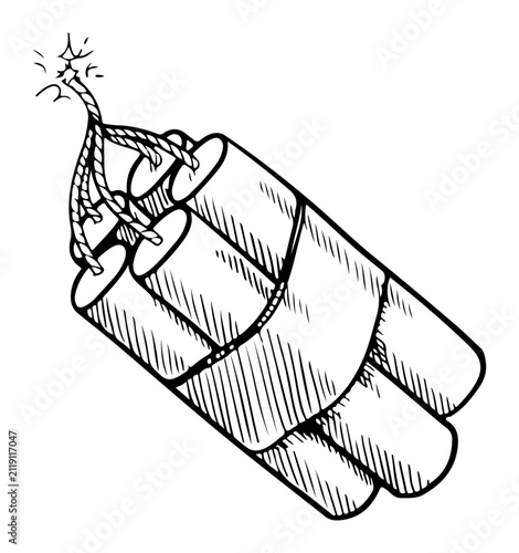 Cuadro en lienzo Dynamite bundle with lit fuse hand-drawn illustration representing danger explos