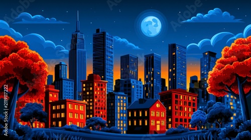 Night city skyline with illuminated skyscrapers under a starry sky as a modern vector illustration for urban development and tourism marketing