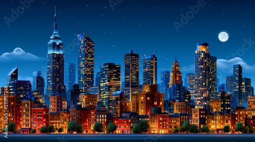 Night city skyline with glowing skyscrapers and urban architecture in a modern digital illustration for real estate marketing