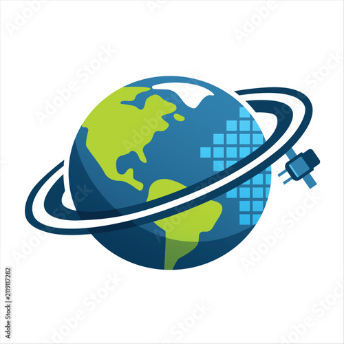 Minimalist Earth planet vector icon with satellite orbiting in flat style. Futuristic space exploration concept isolated on white background