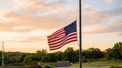 American flag flying at half-mast at sunset, symbol of mourning and remembrance macro close-up, patriotic detail, memorial background