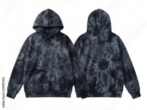 Front and Back View of a Professional Dark Grey Tie-Dye Hoodie Mockup Isolated on White Background