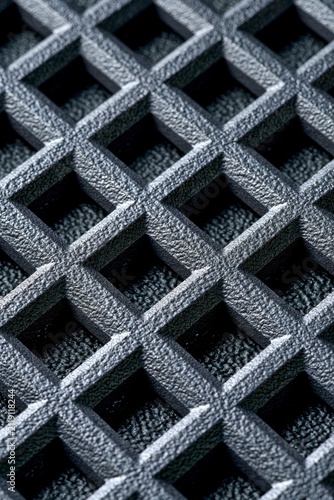 Metallic grid pattern featuring sharp geometric edges in a professional macro studio shot with selective focus for industrial branding