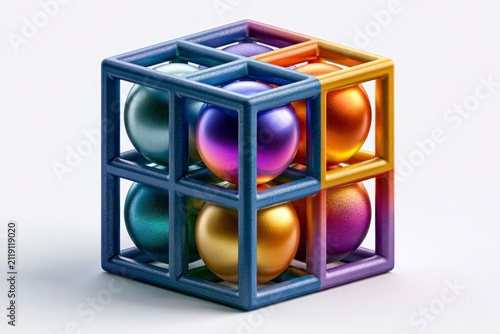 3d geometric cube with colorful gradient spheres floating on white background digital isometric illustration for creative technology branding
