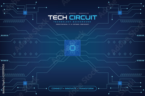 Futuristic Digital Circuit Board Background with AI Microchip, Data Network and Cyber Security Technology