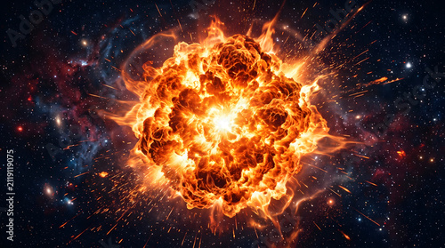 Massive Cosmic Supernova Explosion with Fiery Blast Waves and Sparks in Deep Space