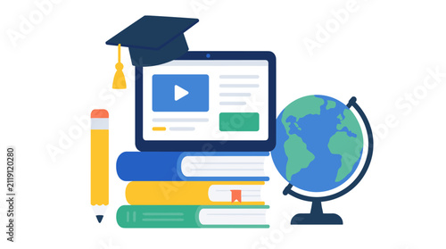 Education themed learning scene with books globe and laptop.