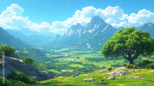 Majestic Mountain Landscape with Green Valley and Blooming Trees