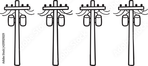 Four black and white utility poles with electrical transformers in a row