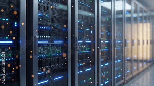 Принти на полотні Rows of server racks with blinking blue lights and orbs