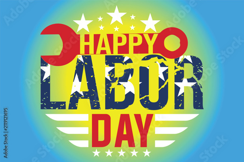 Happy Labor Day Patriotic USA Vector Emblem with Wrench and Stars