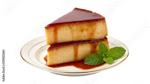 Caramel custard pudding slices on white plate, delicious flan dessert with golden syrup, sweet creme caramel with mint garnish isolated on white